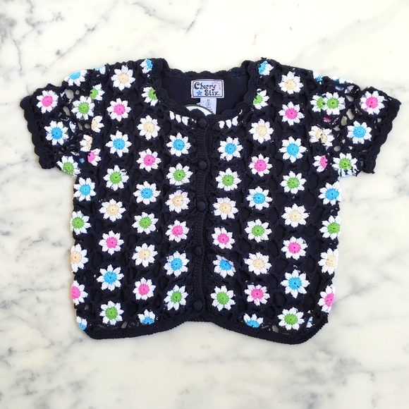 NWT. Multicolor Crochet Flowers Ramie Cotton Short Sleeve Cardigan Sweater. - Picture 2 of 7